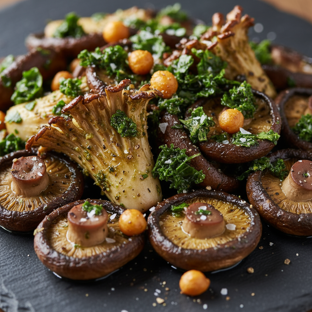 1. Close-up of pesto-glazed roasted mixed mushrooms (cremini, shiitake, oyster) with deeply browned, crispy edges, gloss