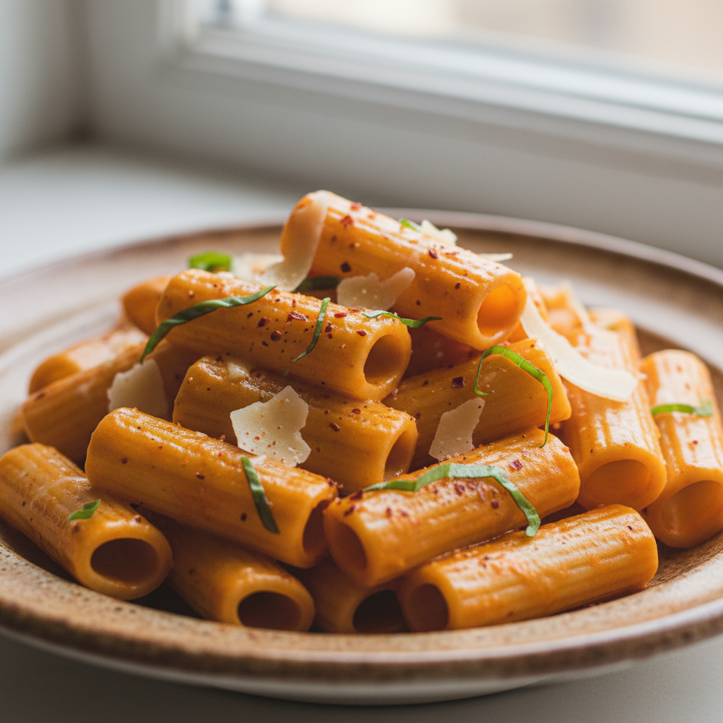 1. Close-up of rigatoni coated in silky roasted red pepper cream sauce—brick-orange gloss with flecks of smoked paprika 
