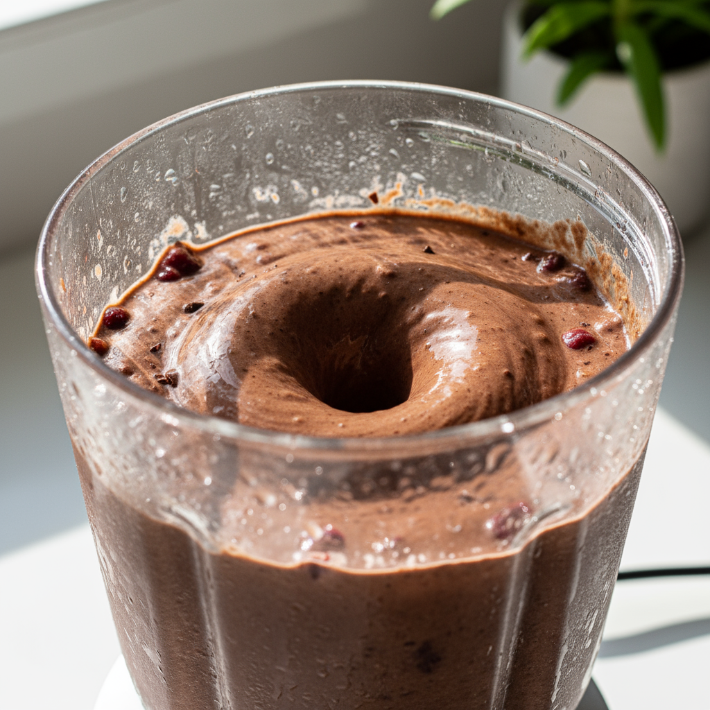 1. Close-up process shot: glossy, thick chocolate-cherry smoothie vortex in a blender jar, frosty condensation, cocoa-sp