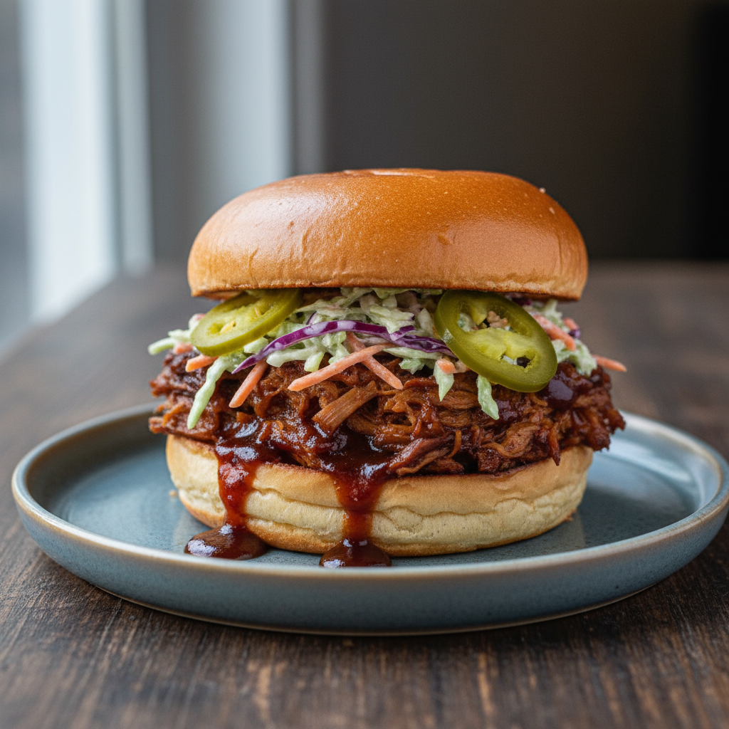 Beautifully plated BBQ jackfruit sandwich on a toasted brioche bun, piled with glossy smoky jackfruit, crisp tangy coles