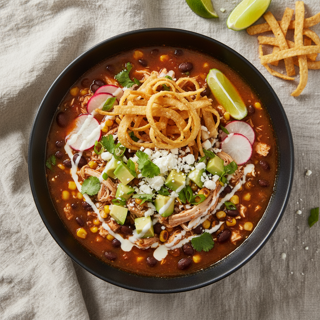 Overhead final dish: Chicken Tortilla Soup in a matte black bowl—smoky tomato-chipotle broth with shredded chicken, blac