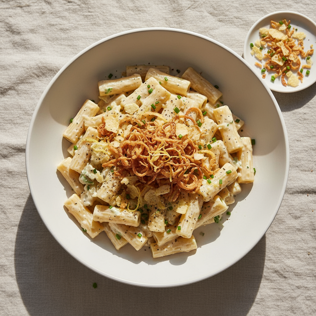 Food photography, Overhead final dish: Sour Cream and Onion Pasta (rigatoni) coated in silky, clingy sauce, topped with 