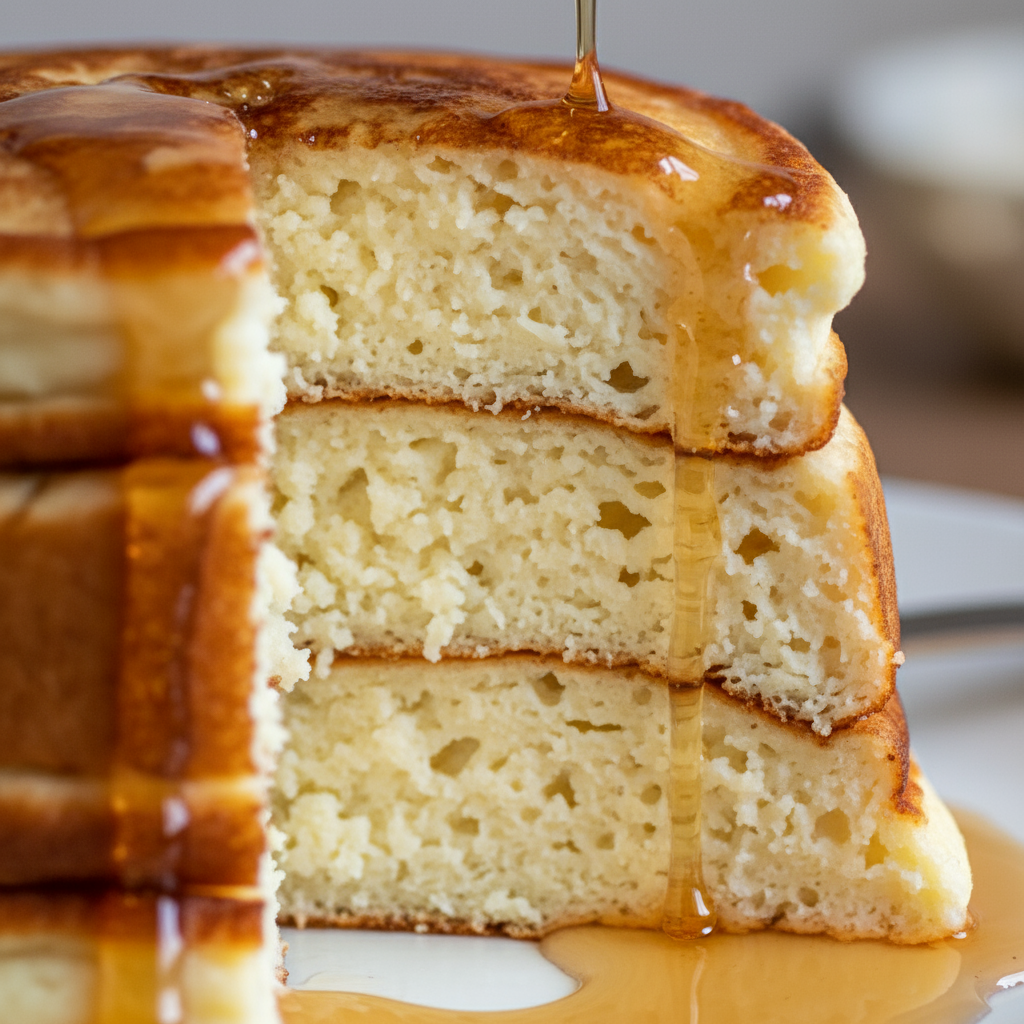 2. Close-up macro of the cooked pancake cut to reveal a tall, fluffy crumb with specks of cottage cheese, glossy maple s