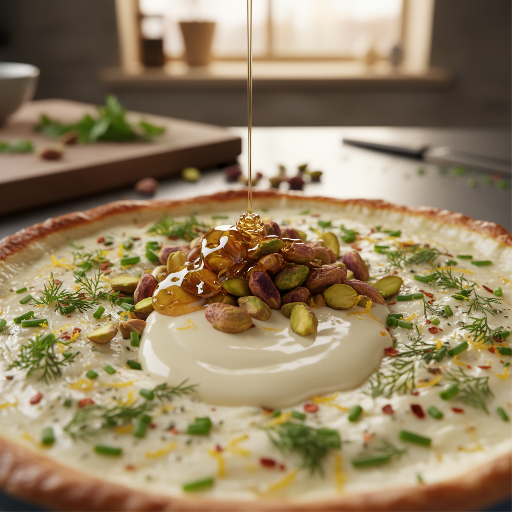 2. Macro process: baked Boursin in a small oven-safe dish with an ultra-soft center; golden honey captured mid-drizzle o