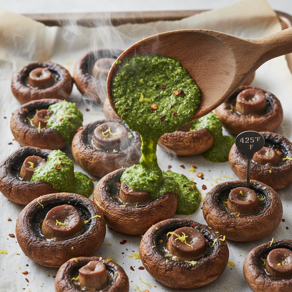 3. Cooking process shot: hot roasted mushrooms on a parchment-lined sheet pan at 425°F being glazed with spoonfuls of ka