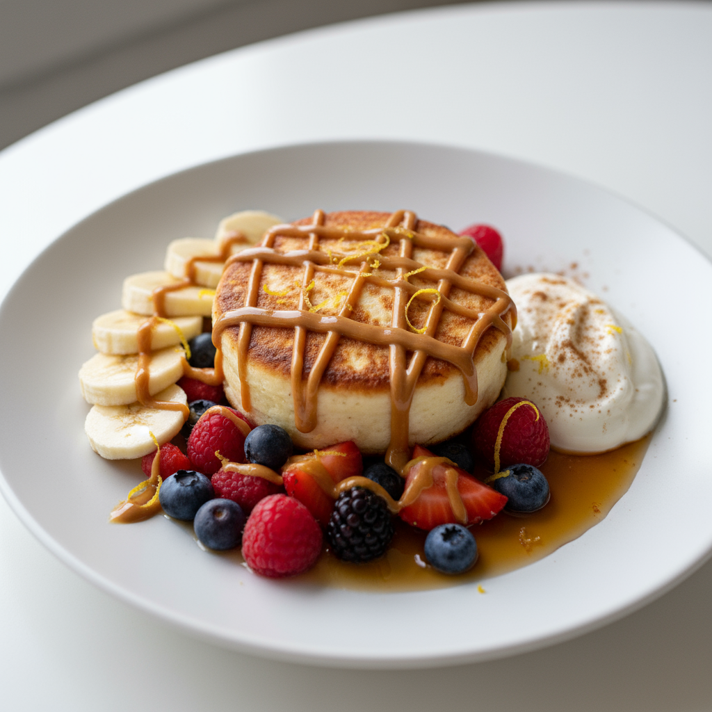 3. Final plated sweet presentation: one golden cottage cheese pancake on a matte white plate with mixed berries, sliced 