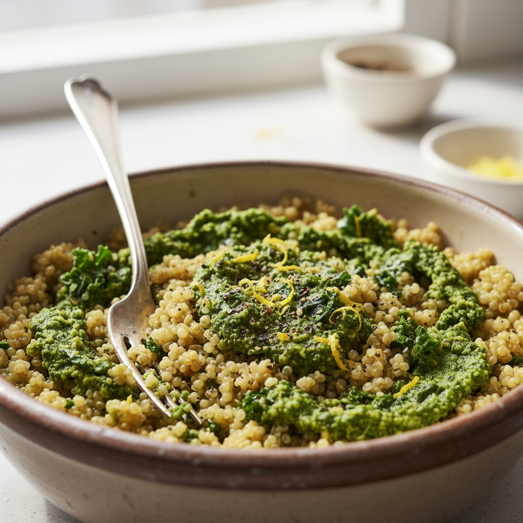 4. Quinoa being dressed with kale pesto: cooked quinoa in a pot, pesto folded to create green ribbons, fork resting in g
