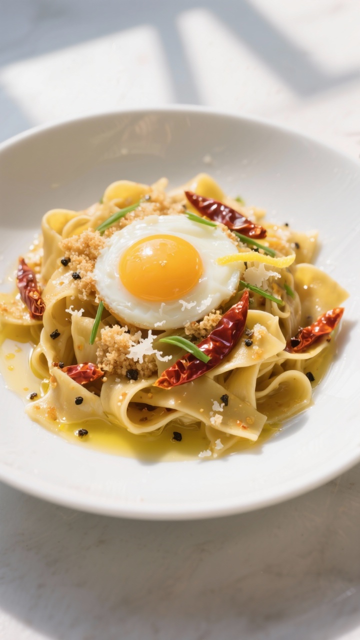 Overhead “tasty top view” of the final plated dish: Chili Garlic Pappardelle with a soft-jammy e