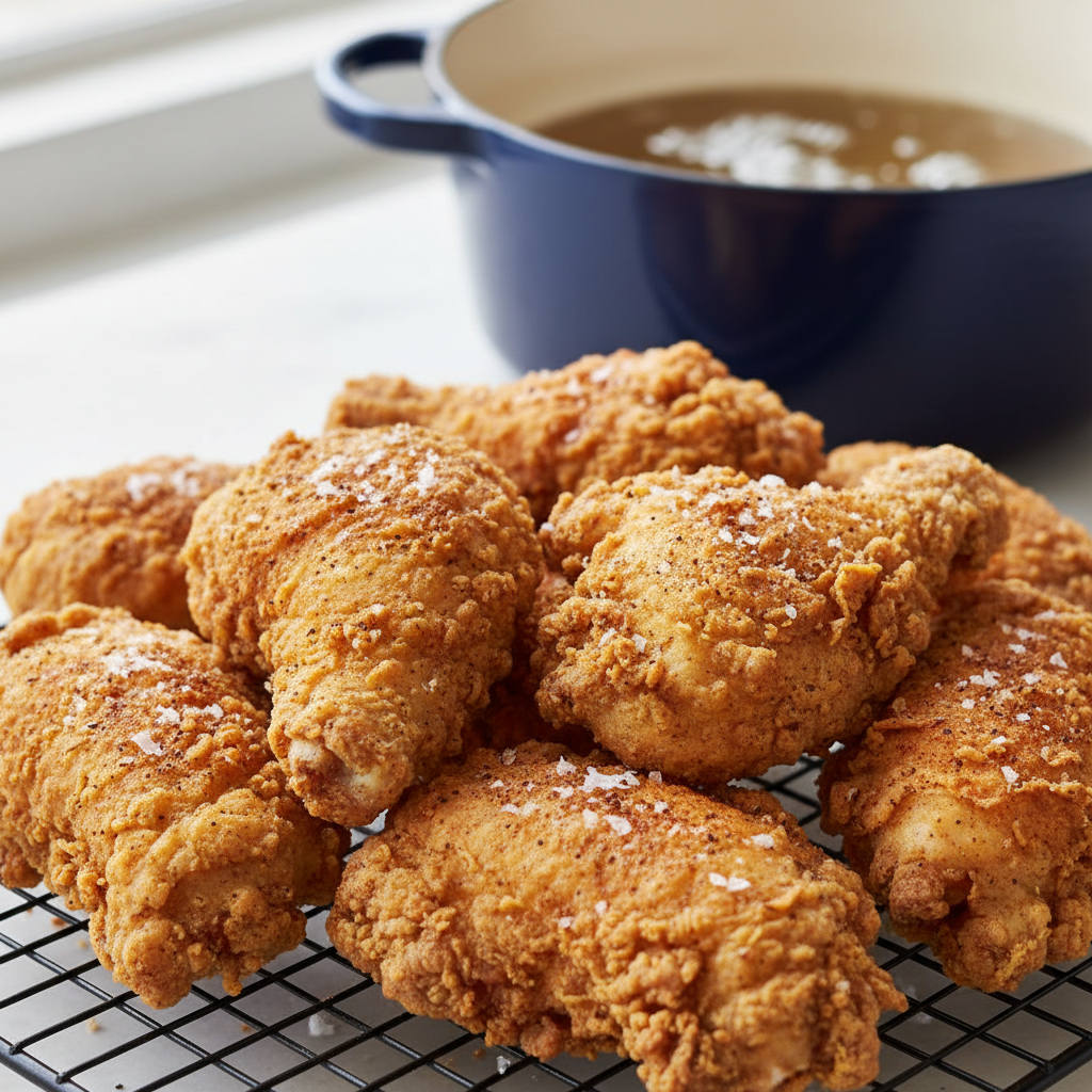 Food photography, Close-up of freshly fried bone-in chicken resting on a wire rack beside a Dutch oven, deep golden, kno