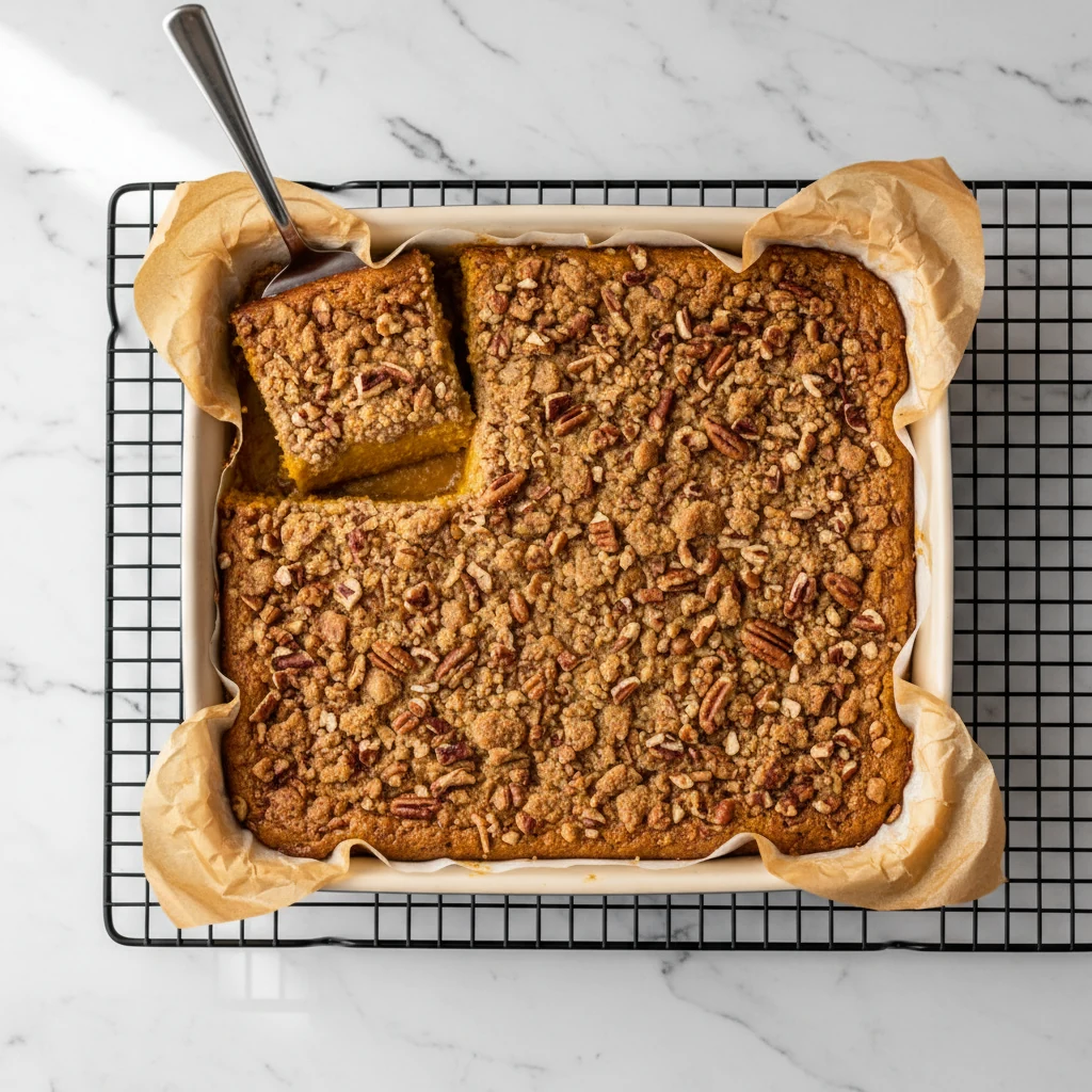 Overhead shot of a 9x13 pumpkin pie cake on a cooling rack, golden pecan streusel top, edges set with a slight jiggle at