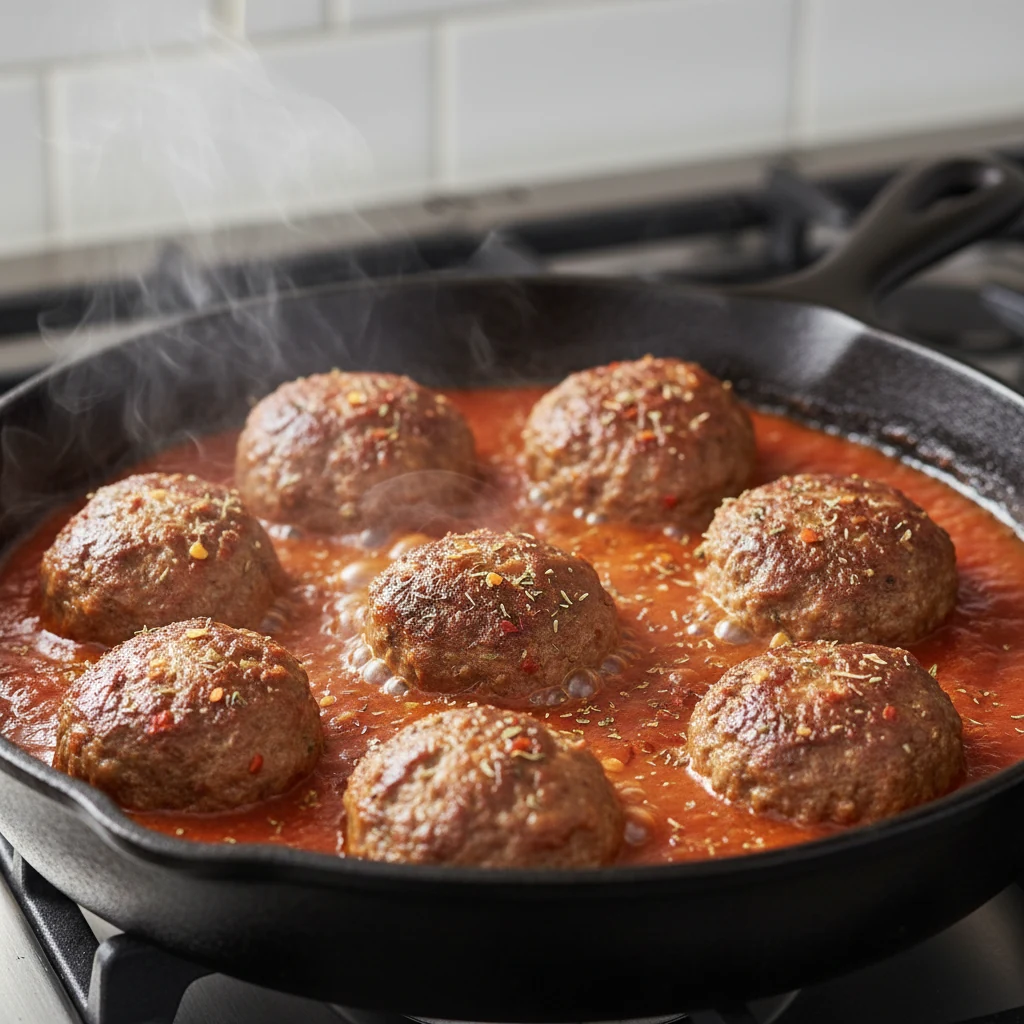 Food photography, 1. Cooking process: Golden-brown 1.5-inch beef meatballs simmering in glossy marinara in a cast-iron s