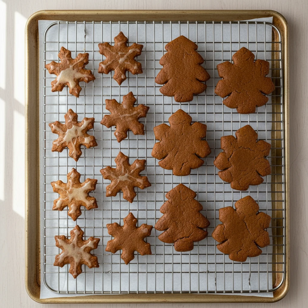 Food photography, 1. Overhead shot of freshly baked gingerbread cookies in two thicknesses (1/8-inch crisp, 1/4-inch sof