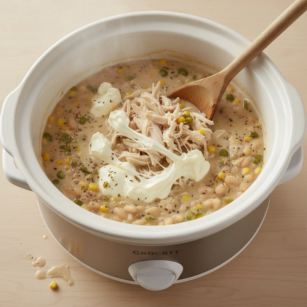 Food photography, 1. Overhead cooking process shot inside a slow cooker: Crock Pot White Chicken Chili mid-finish with s