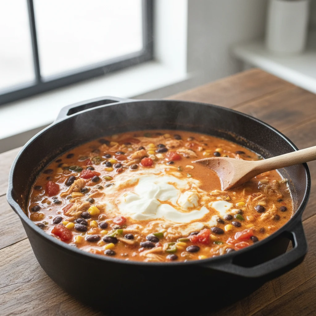 Food photography, 1. Close-up, in-pot shot of creamy chicken taco soup as cream cheese melts into a velvety paprika-red 