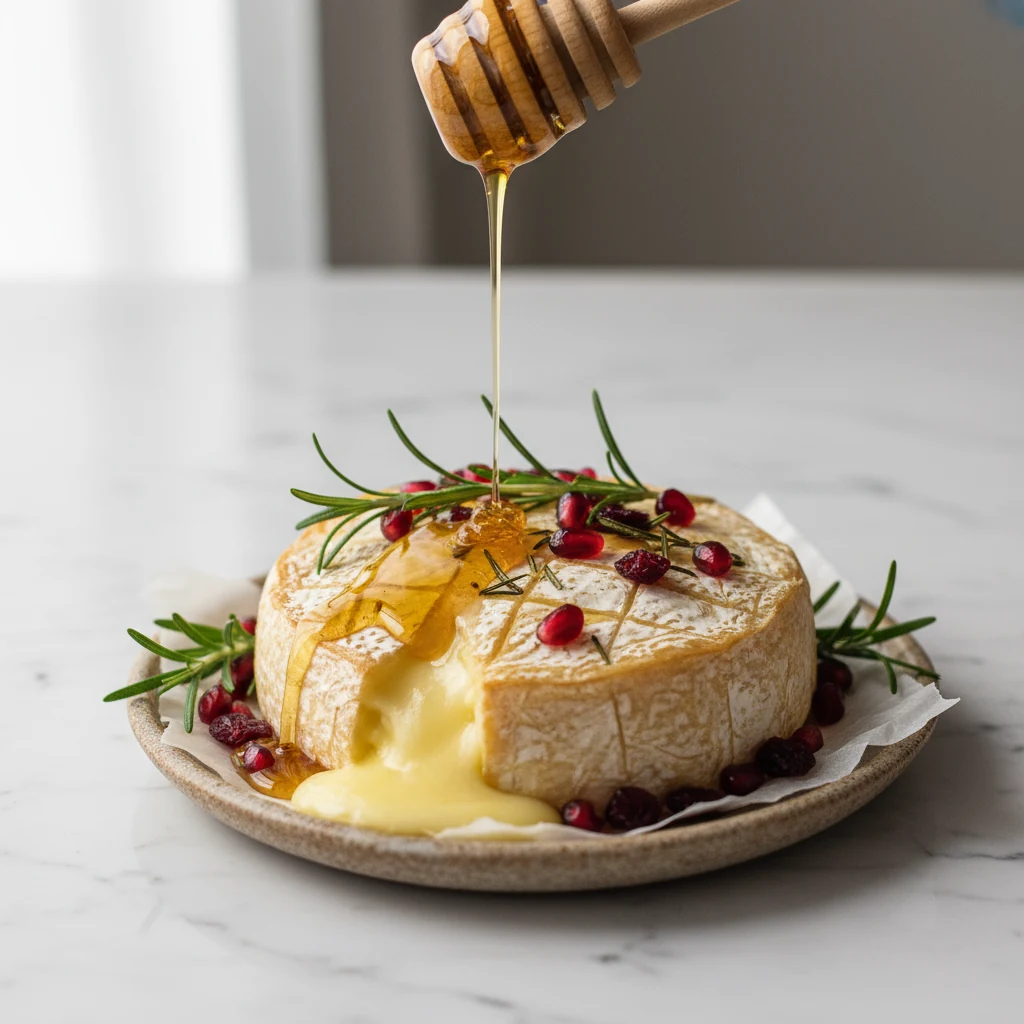 Food photography, Close-up cooking-process shot: freshly baked brie wheel on a parchment-lined small plate, rind scored,