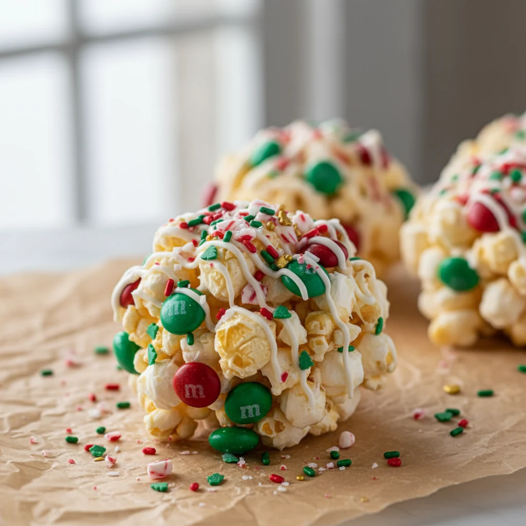 Food photography, Close-up detail: glossy marshmallow-bound Christmas popcorn ball studded with red/green chocolate cand