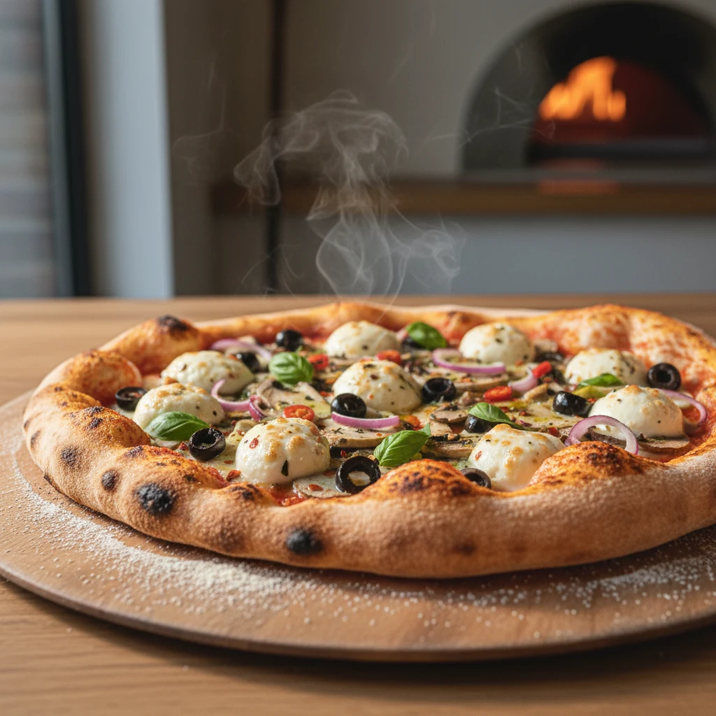 Food photography, Close-up, three-quarter angle of a vegan pizza just pulled from a 550°F stone onto a semolina-dusted p