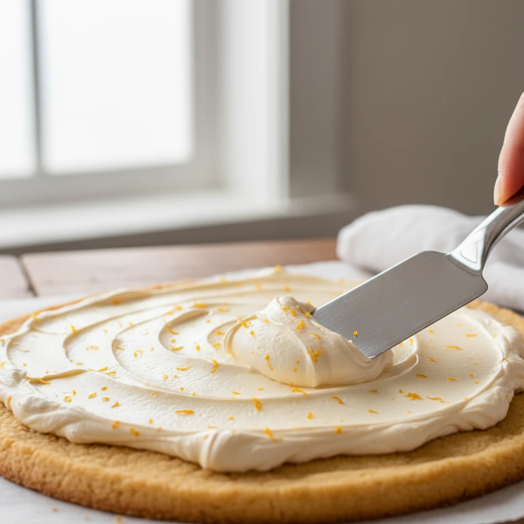 Food photography, Close-up detail: offset spatula smoothing a silky cream cheese–orange zest layer over a fully cooled, 