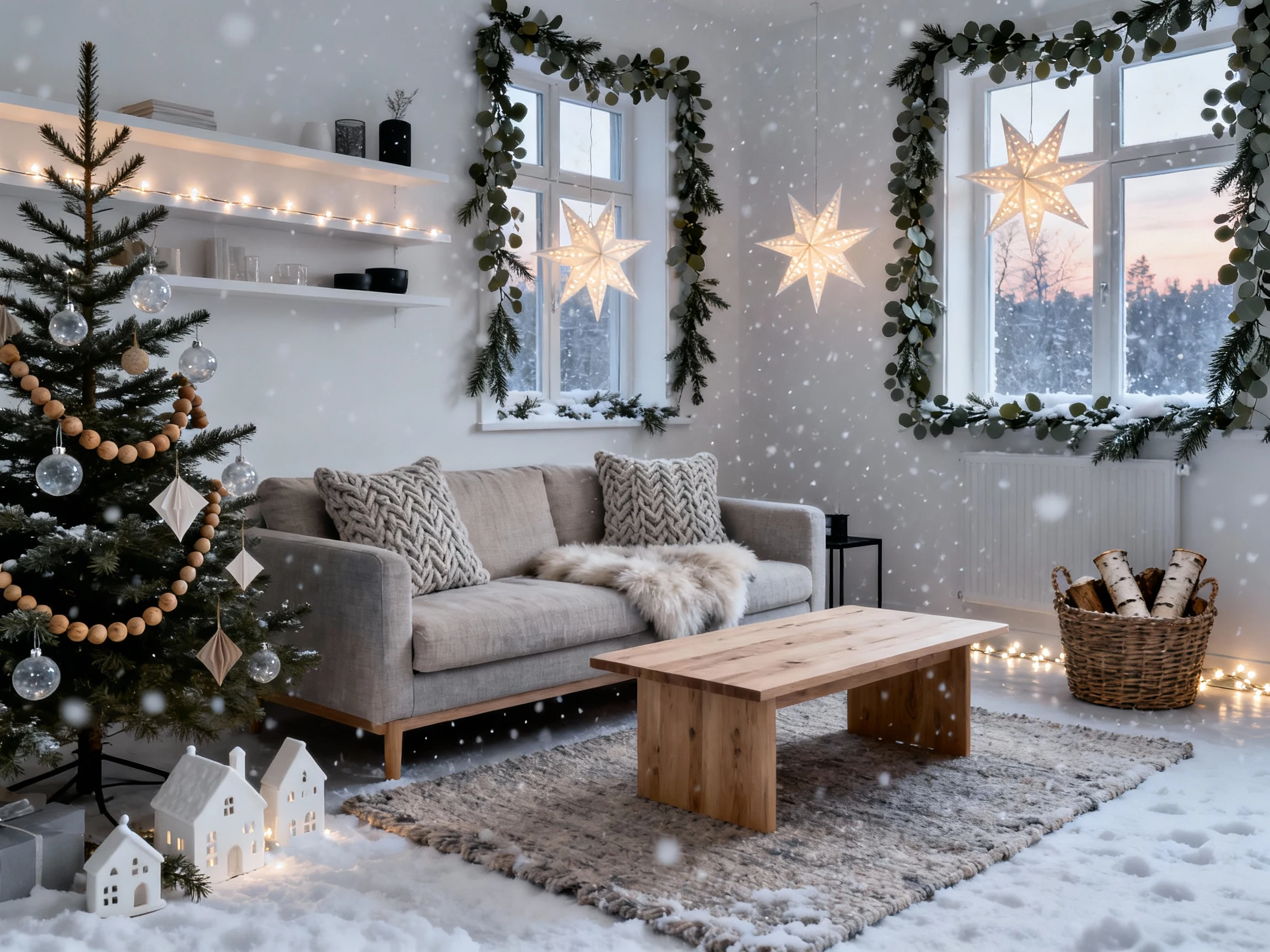 Wide corner-angle shot of a Scandinavian Snowfall living room in crisp white, ash gray, natural oak with matte black acc