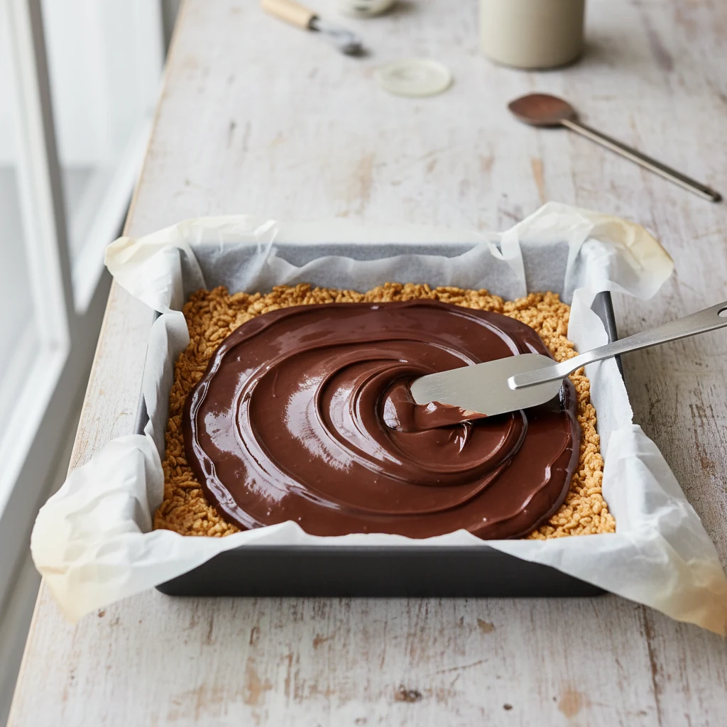 Overhead process shot of a parchment-lined 8x8-inch pan as glossy melted dairy-free dark chocolate is spread evenly over