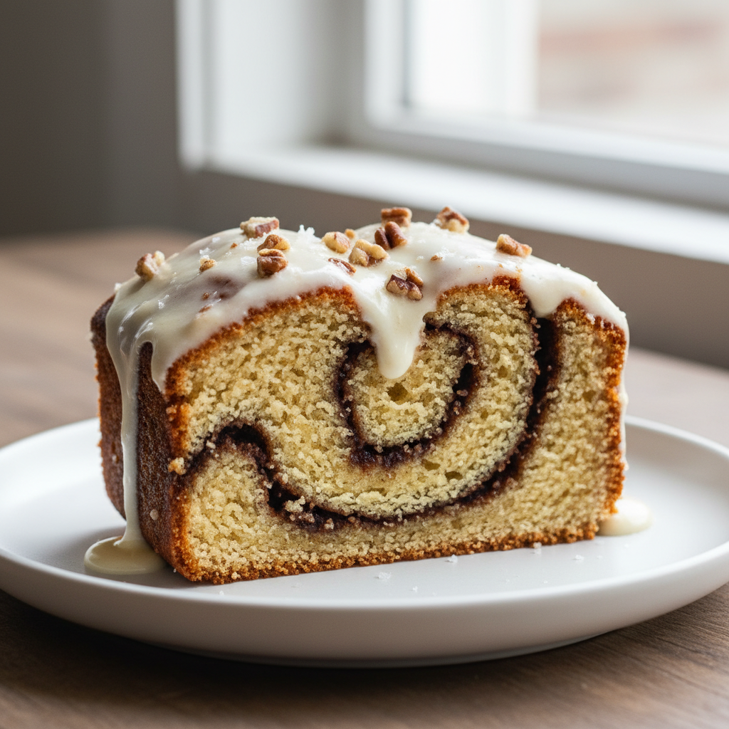 Food photography, Close-up of a thick slice of cinnamon-swirled cake on a matte white plate, plush crumb and visible cin
