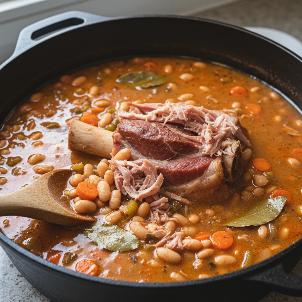 1. Close-up of ham and navy bean soup gently simmering in a Dutch oven: ham bone and shredded ham nestled among creamy n