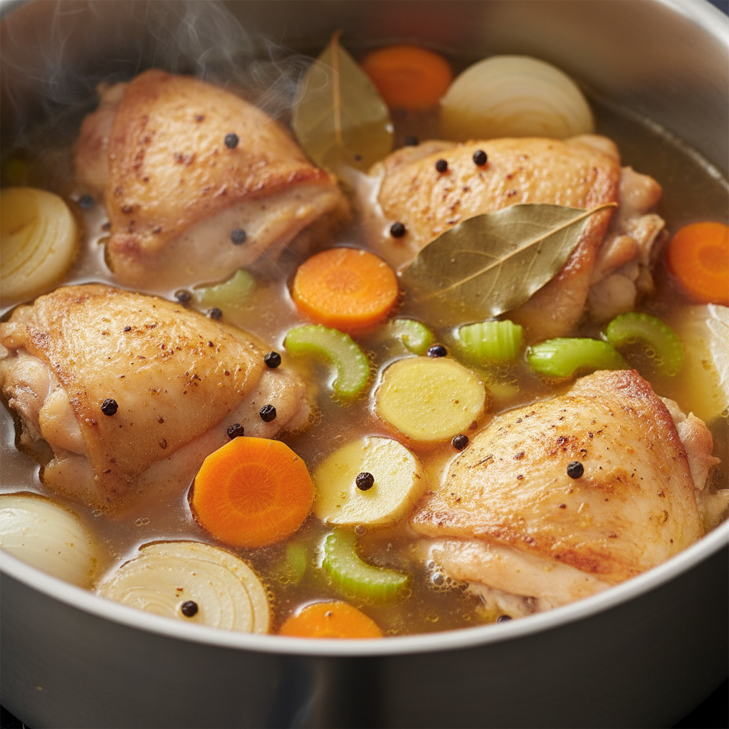 Food photography, Close-up of bone-in chicken thighs gently simmering in clear, golden low-sodium broth with softened on