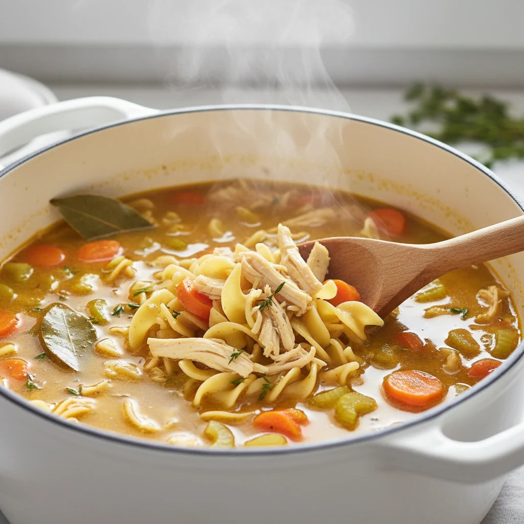 Close-up of shredded chicken and egg noodles being stirred into a simmering, turmeric-golden chicken broth in a white Du