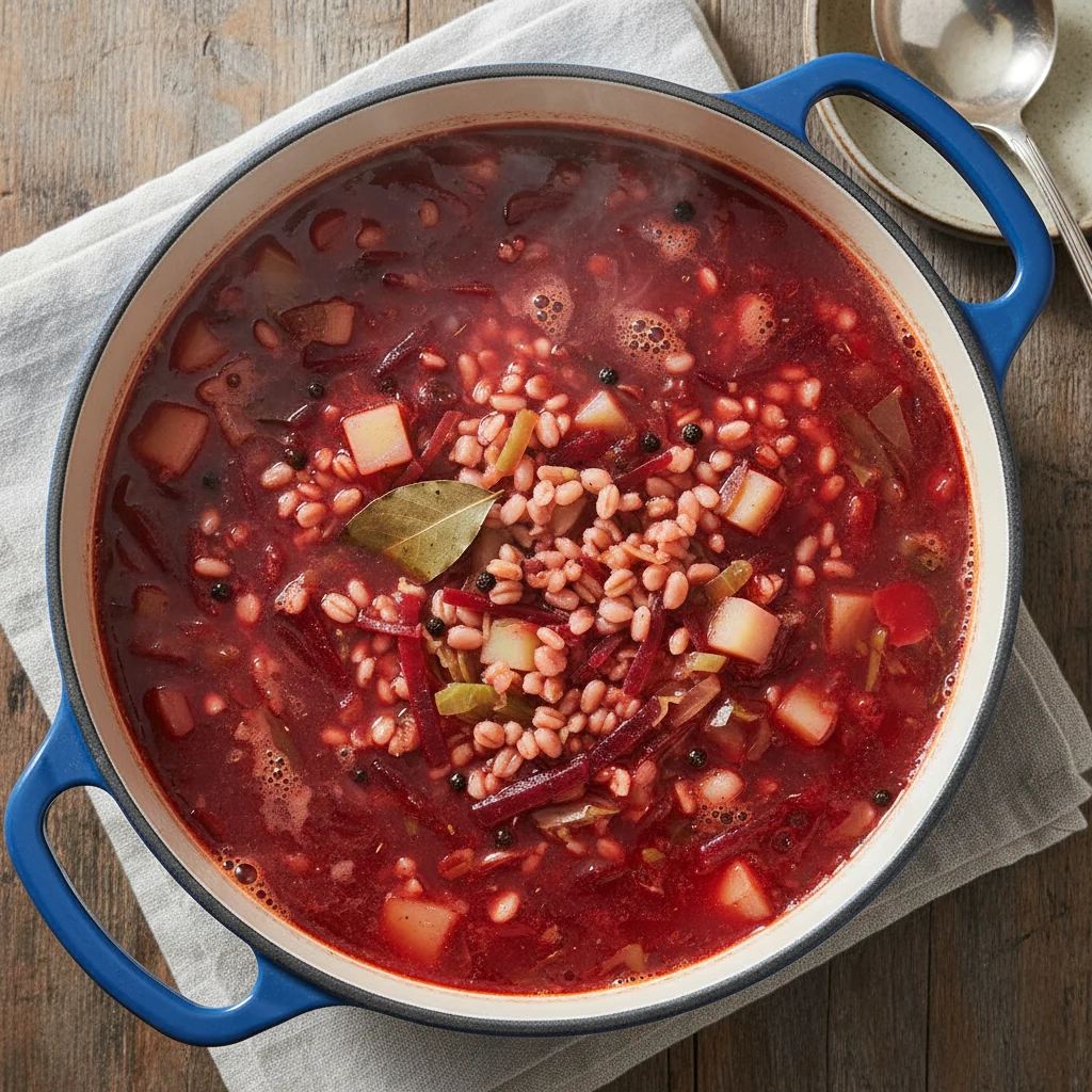 Overhead shot of barley borscht gently simmering in an enameled Dutch oven: ruby-red broth with tender julienned beets, 