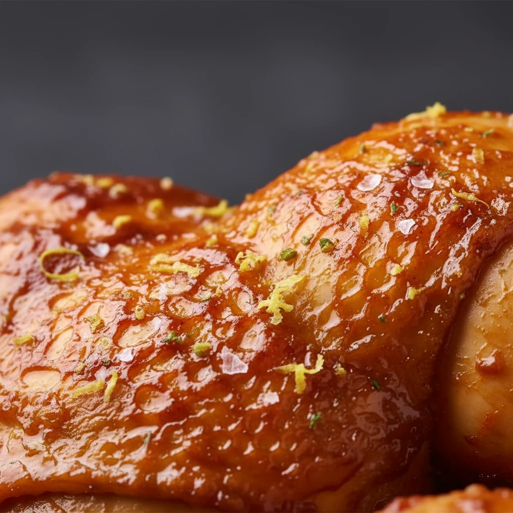 Food photography, Close-up detail: crispy piri-piri chicken skin, deep golden with blistered bubbles, glossy red-orange 