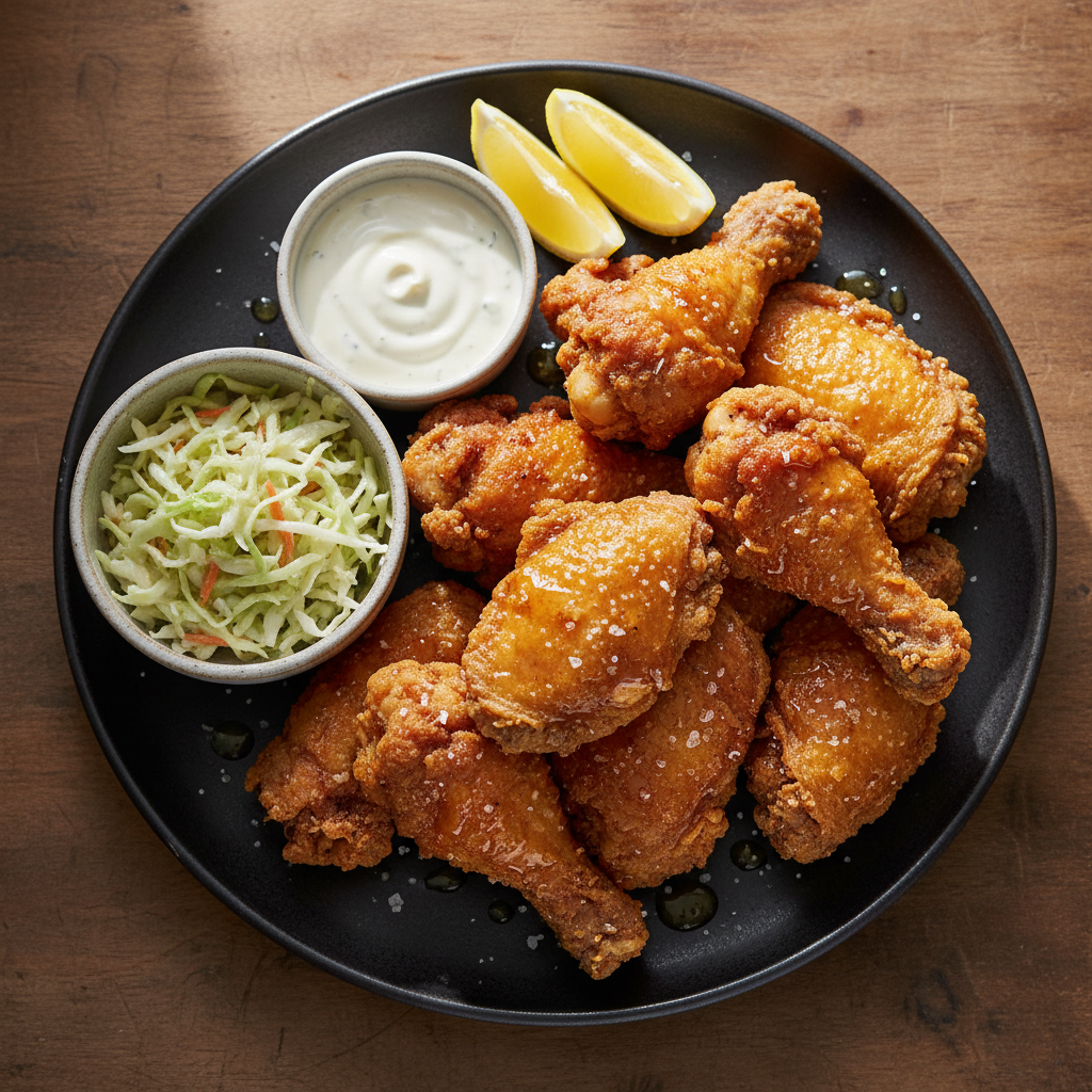 Food photography, Overhead shot of the final platter: wings, drumsticks, and thighs with shatter-crisp crust, hot honey 