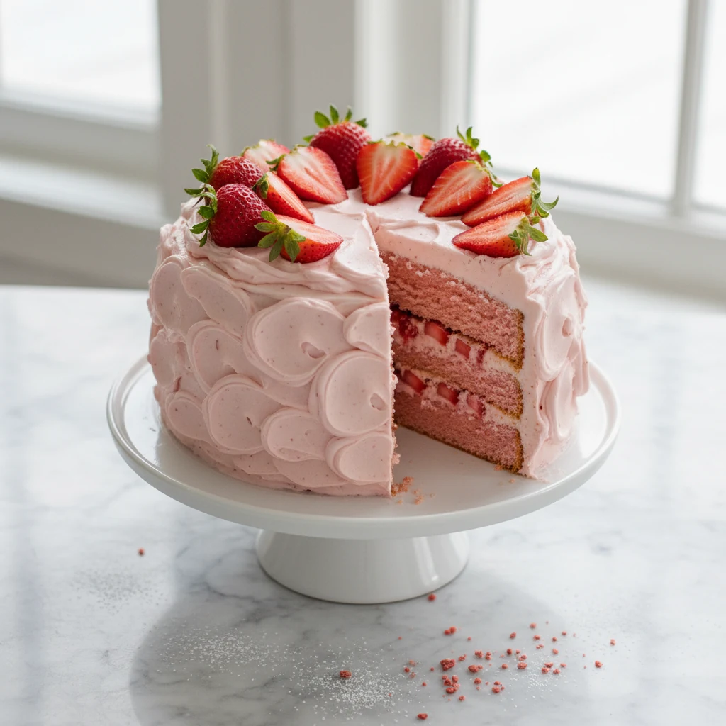 Food photography, Overhead shot of a three-layer strawberry cake with strawberry cream cheese buttercream—natural pink c