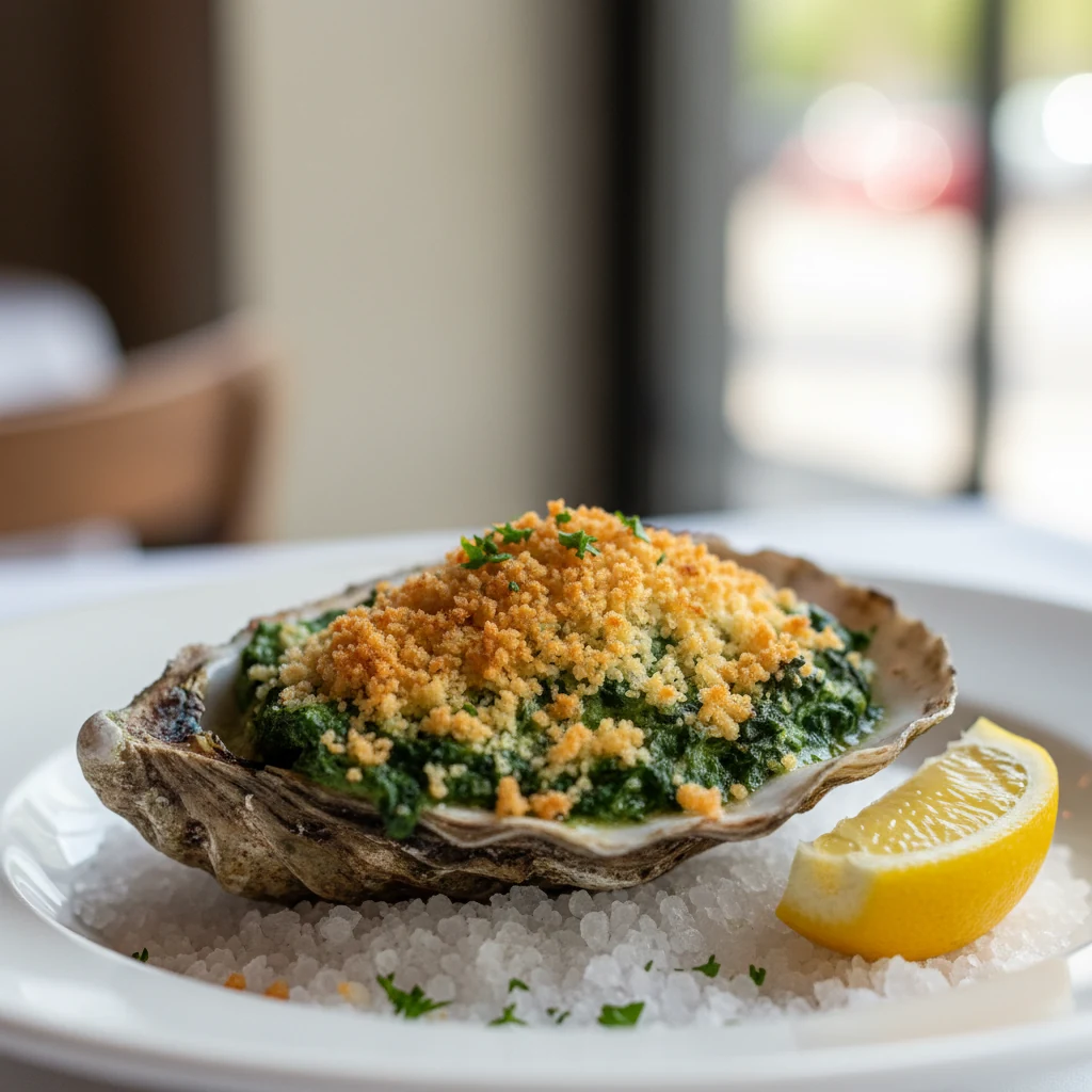 Food photography, Close-up detail of a plated oyster Rockefeller: silky emerald greens blanketing the oyster, crackly go