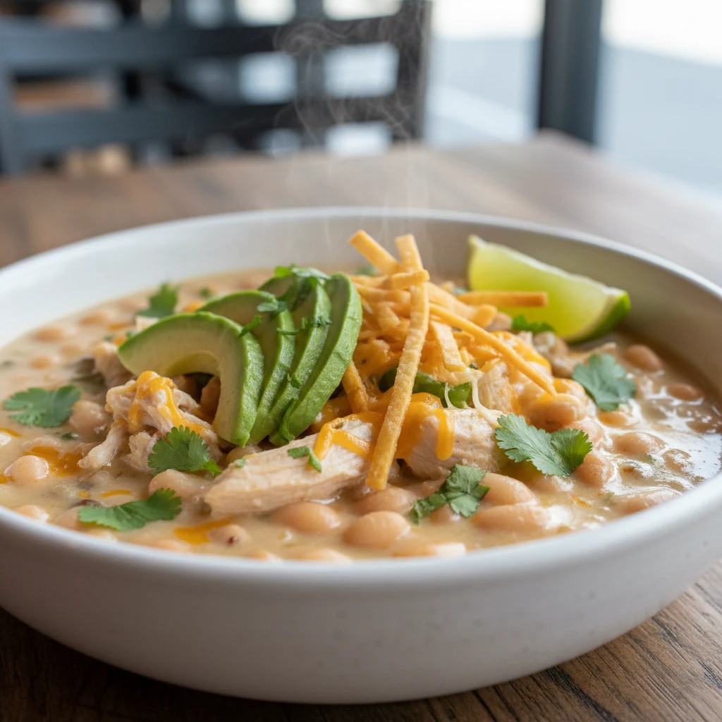 Food photography, 2. Close-up 3/4 angle of the final bowl: creamy white chicken chili in a matte ceramic bowl, tender sh