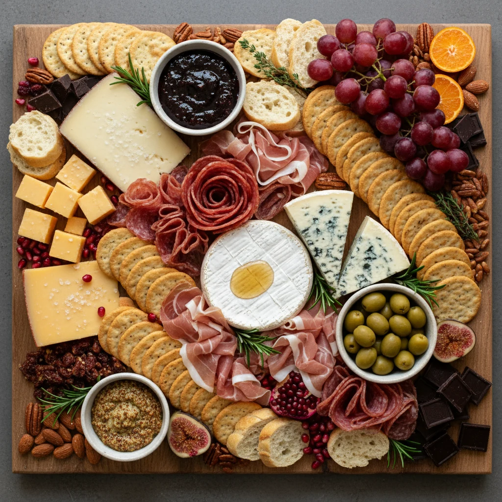 Food photography, Tasty top-view final presentation: overhead shot of the Christmas charcuterie board on a large wooden 