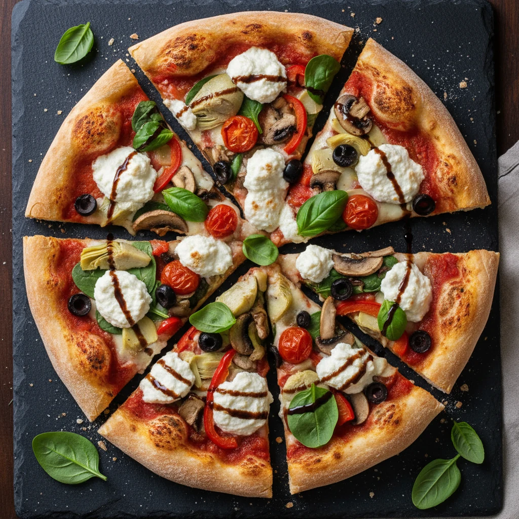 Food photography, Overhead shot of the sliced vegan pizza on a dark stone board: bright San Marzano-style sauce peeking 
