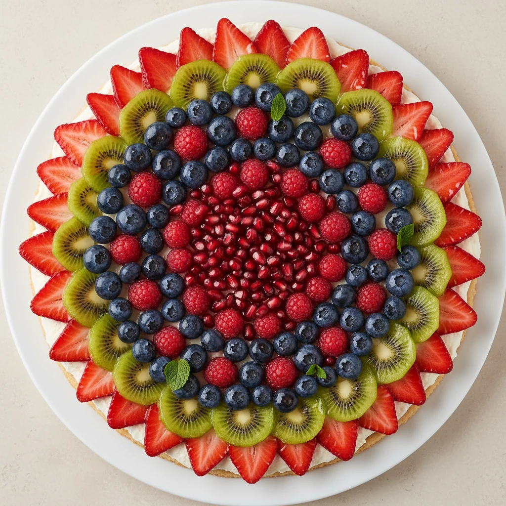 Food photography, Tasty top view: Christmas fruit pizza with wreath arrangement—outer ring alternating strawberry and ki