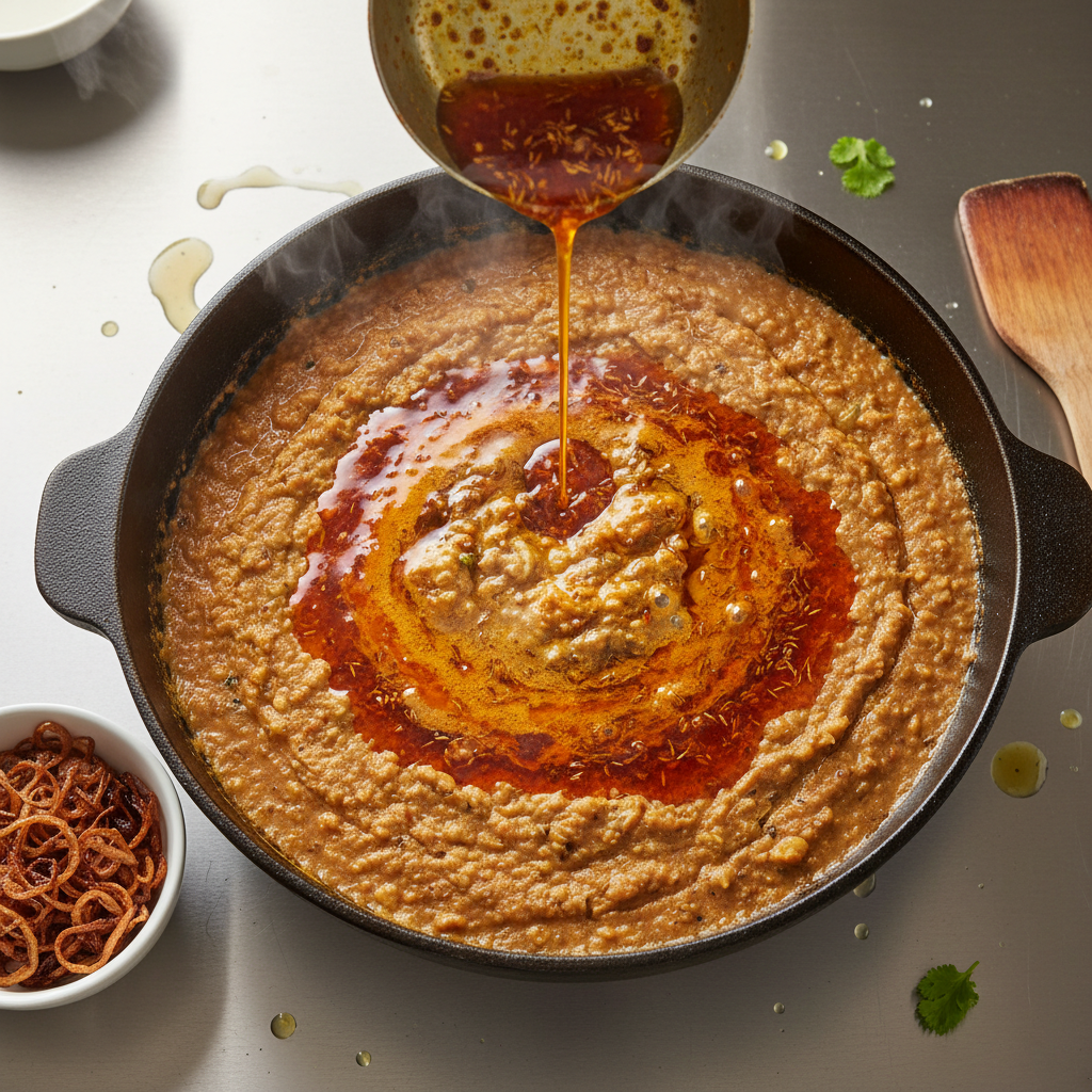 Food photography, Overhead cooking process shot: thick simmering chicken haleem in a heavy pot as a stream of sizzling g