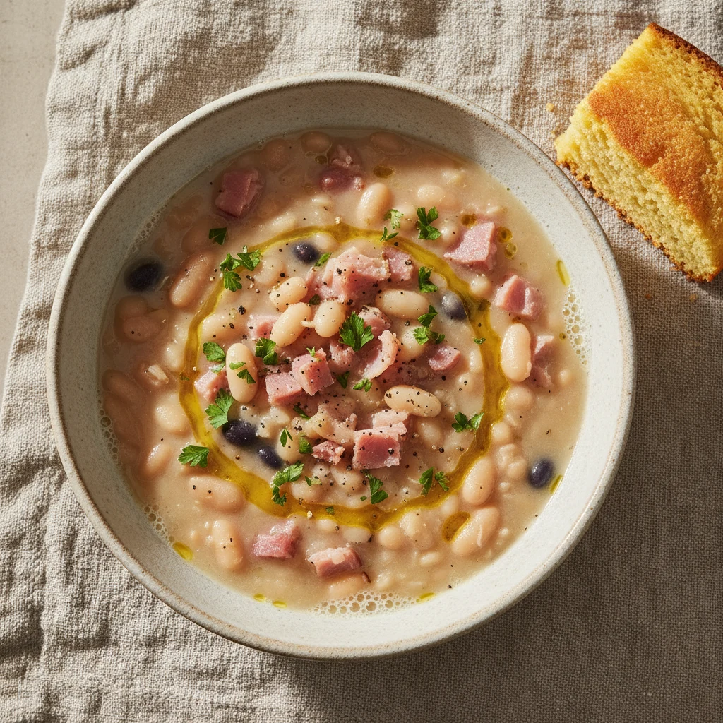 2. Overhead shot of white bean soup with ham, beautifully plated: thick, creamy broth with visible white/navy beans and 