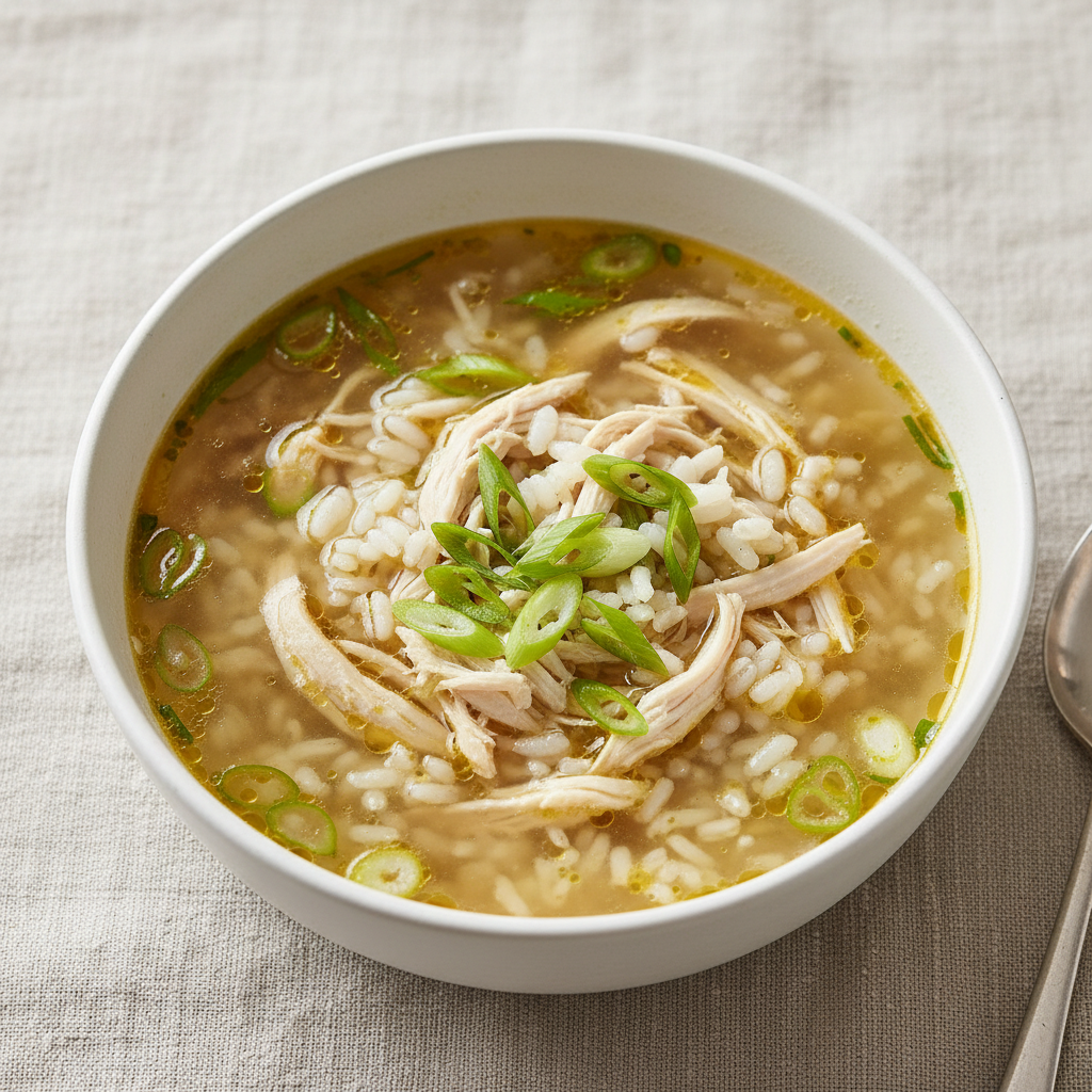 Food photography, Overhead shot of miso-scallion chicken and rice soup: tender shredded chicken and soft white rice in a