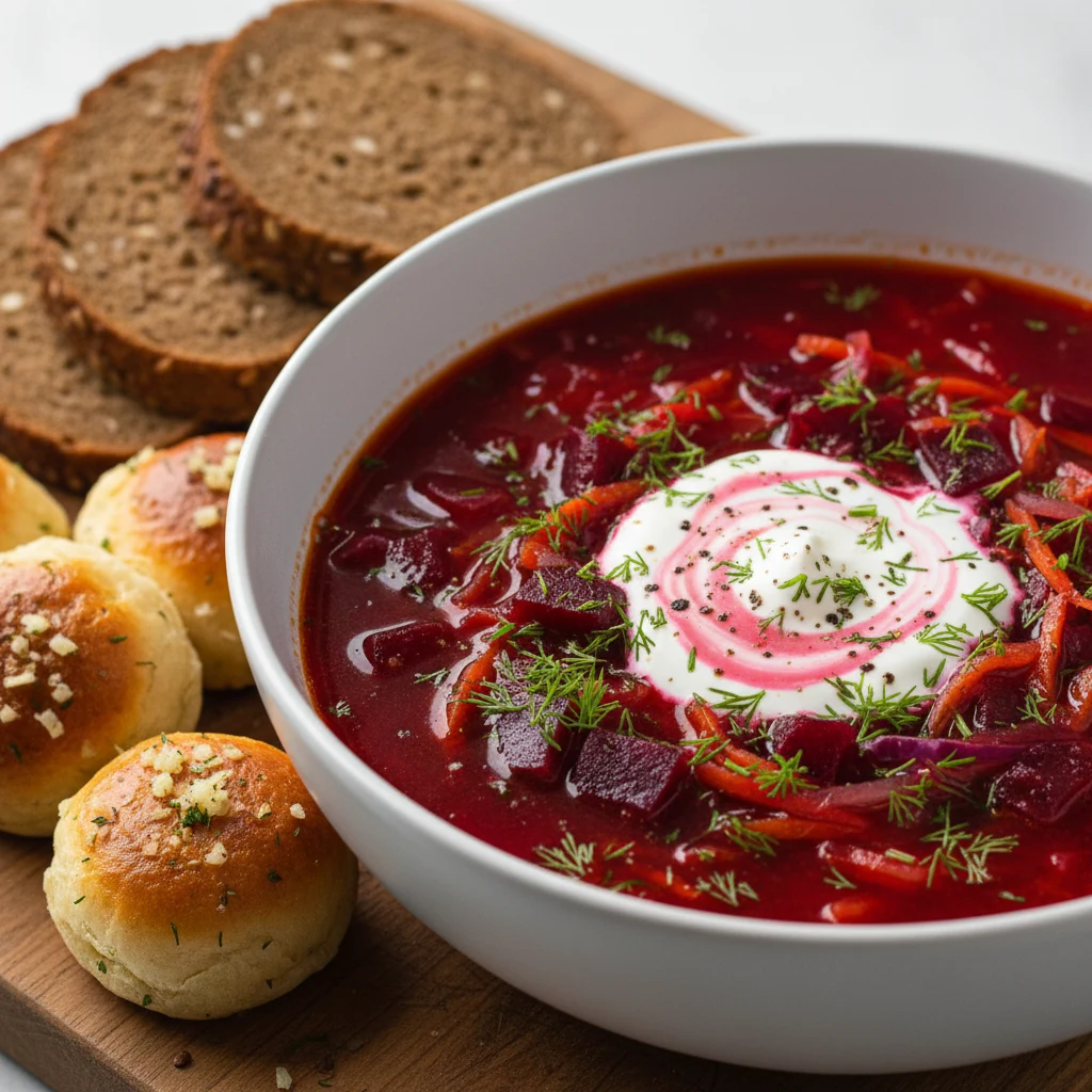 Close-up, three-quarter angle of a plated bowl of borscht: glossy ruby broth packed with beets and carrots, a generous d