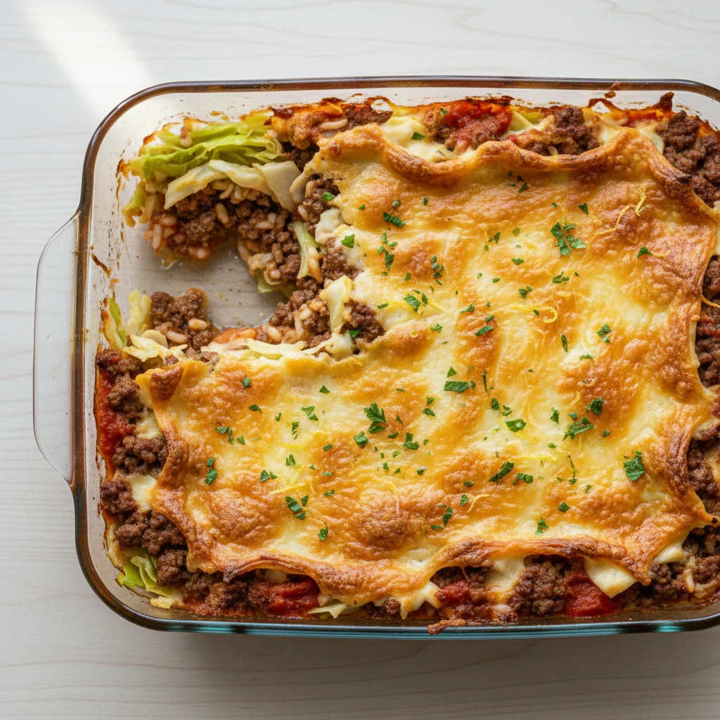 2. Tasty top view final dish: freshly baked 9x13 cabbage hamburger casserole, golden-bubbly cheddar–mozzarella crust wit