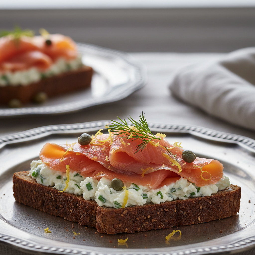 Food photography, Close-up detail: smoked salmon and chive goat cheese tea sandwich on dark pumpernickel triangle, silky