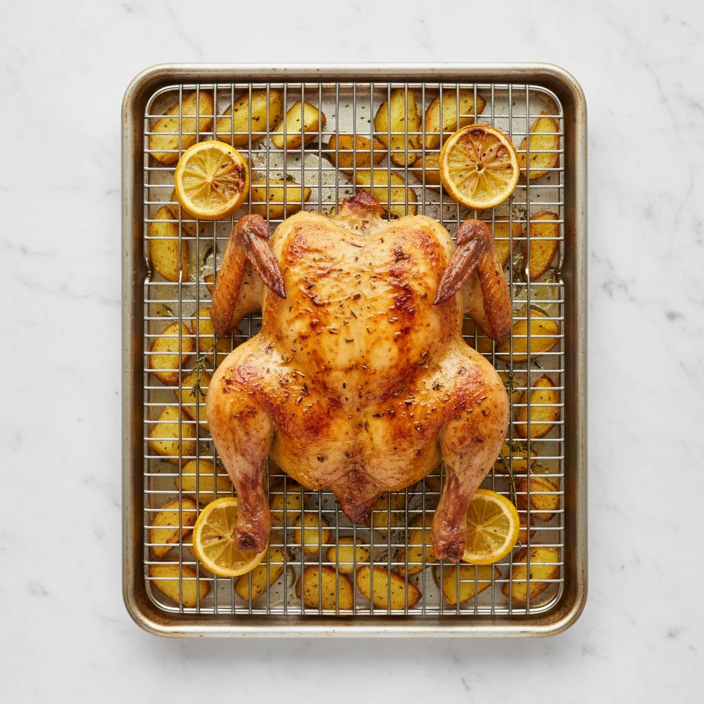 Food photography, Overhead shot: oven-roasted spatchcocked Portuguese chicken on a wire rack over a tray, deep golden sk