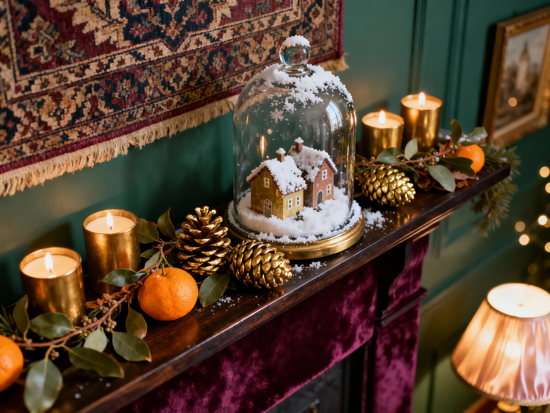 Photorealistic detailed closeup, overhead vignette of a Jewel‑Tone Victorian library lounge: a dark wood shelf lined wit