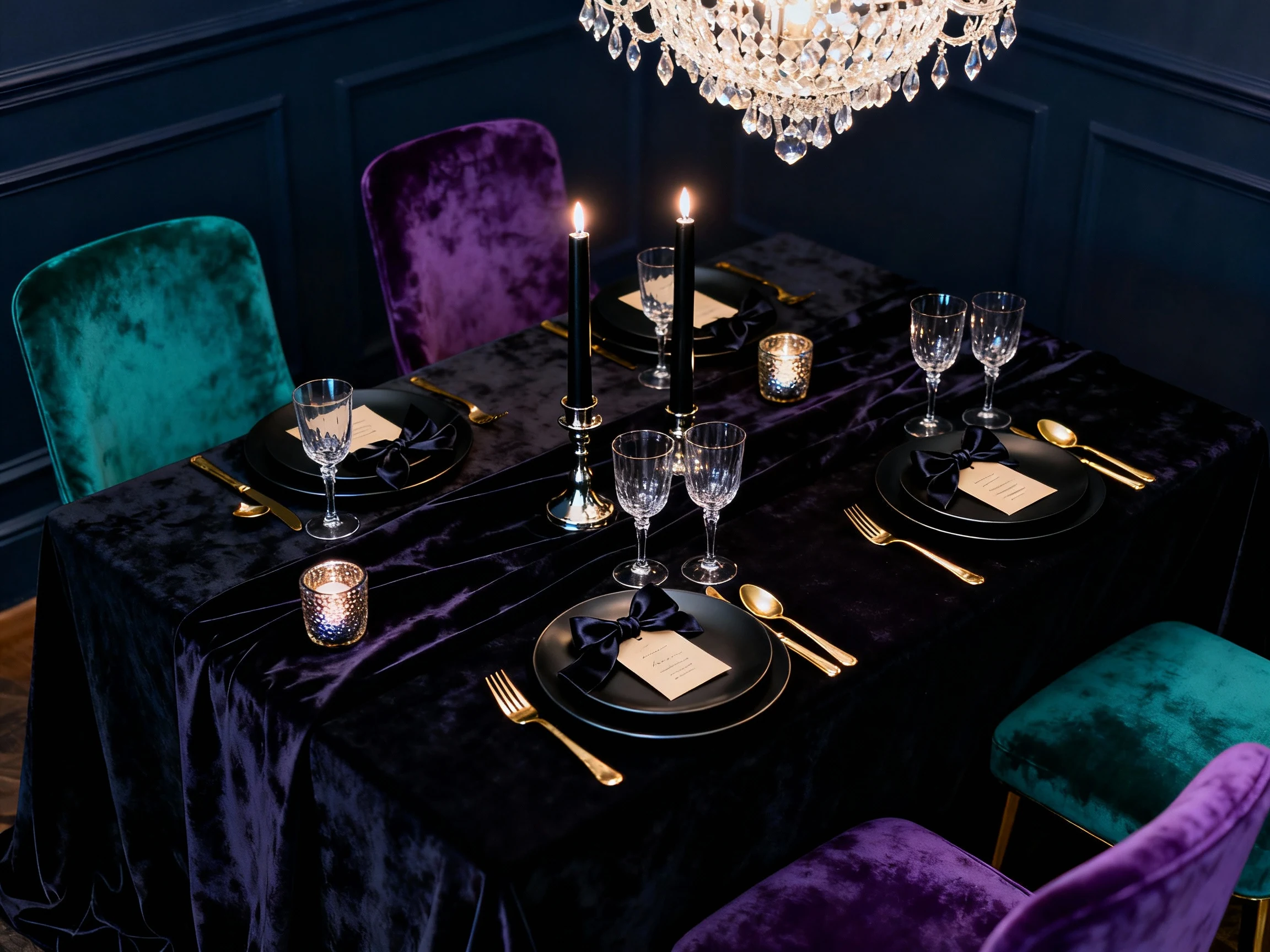 Overhead detail shot of a Moody Midnight Glam dining table against midnight navy walls: black pedestal table layered wit
