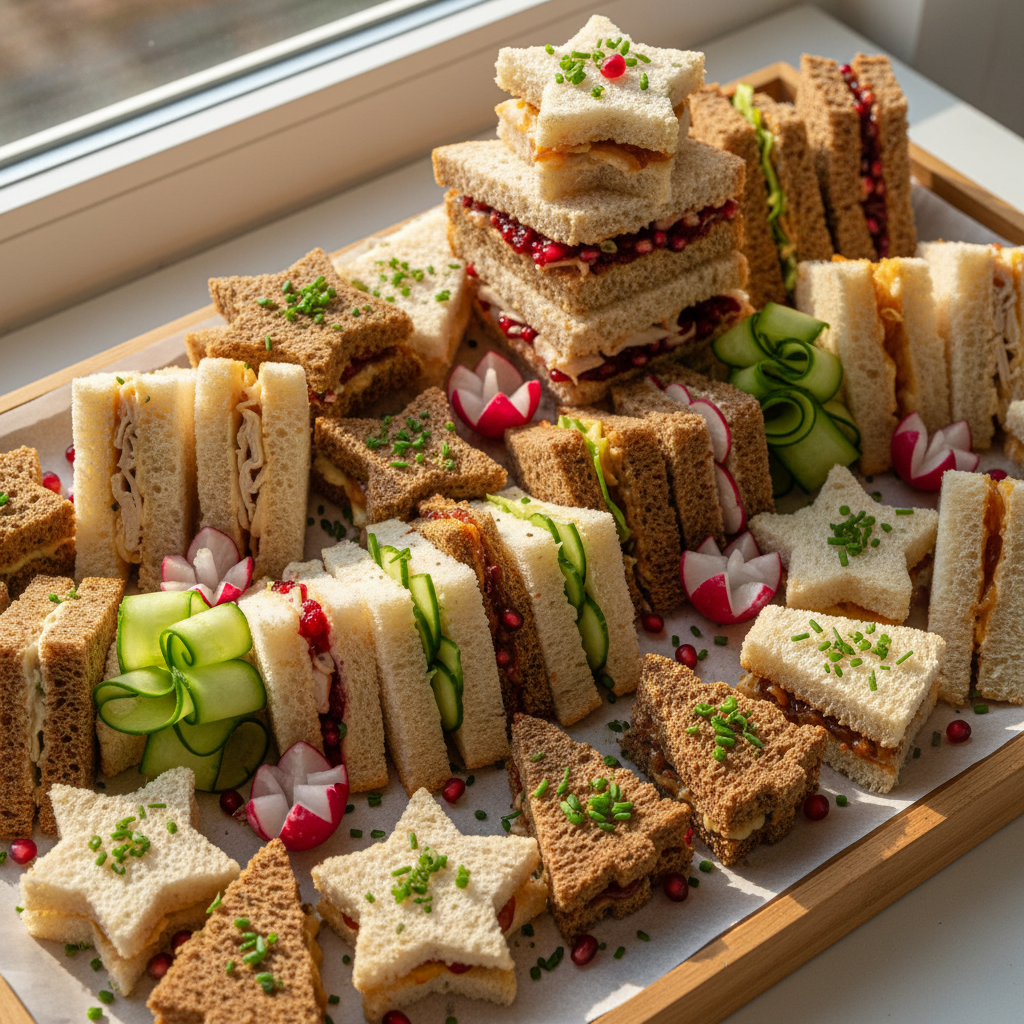 Food photography, Tasty top view: assorted Christmas tea sandwich platter—triangles, fingers, and star/tree cutouts on m