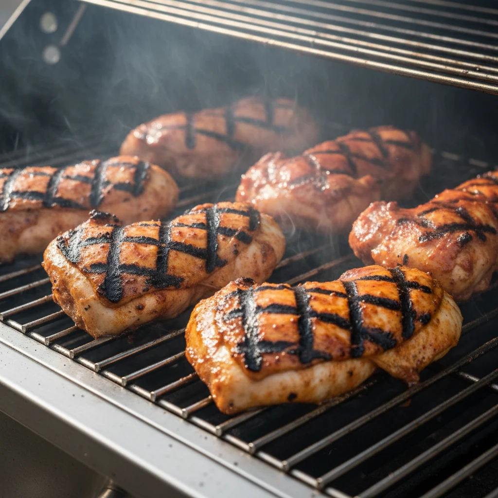 Food photography, Cooking process (grill): chicken skin-side down with defined grill marks and charred edges, moved to i