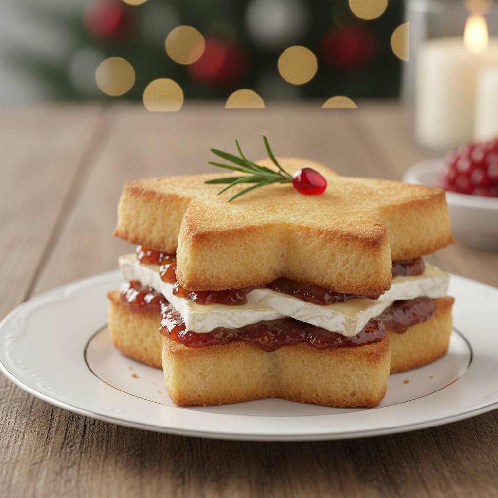 Food photography, Final dish: brie and fig jam tea sandwich star on soft brioche, glossy fig jam at the edges, creamy br