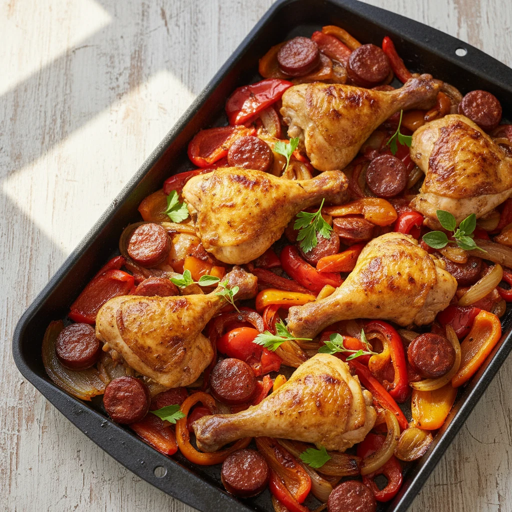 Food photography, Cataplana-inspired sheet pan: roasted chouriço, peppers, and onions caramelized in chicken drippings b
